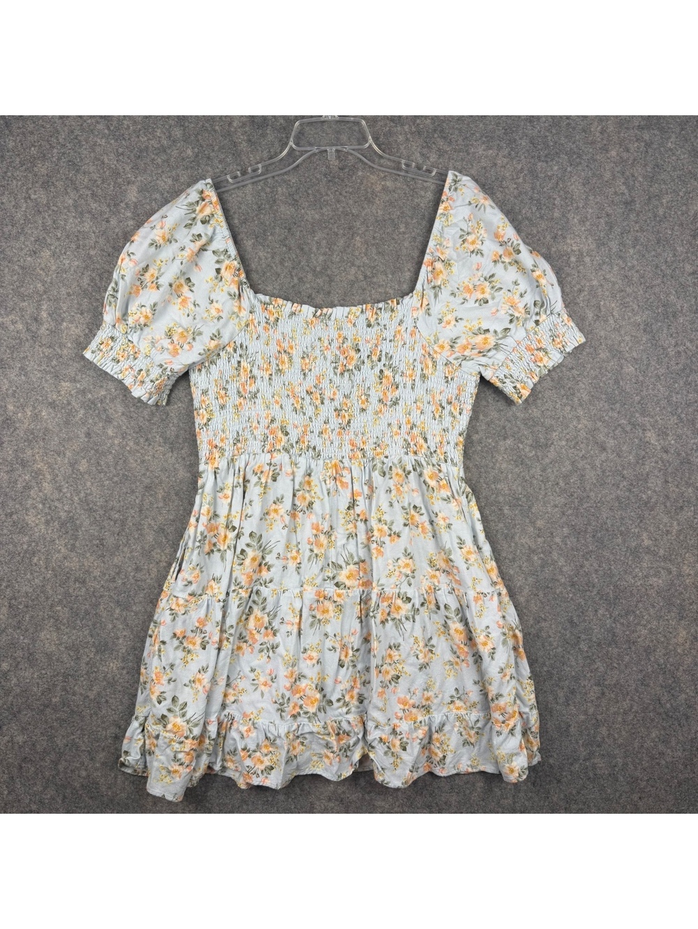 American Eagle Tiered Mini Dress Bodice Puff Sleeves Blue Peach Floral Large 705 - Picture 4 of 6